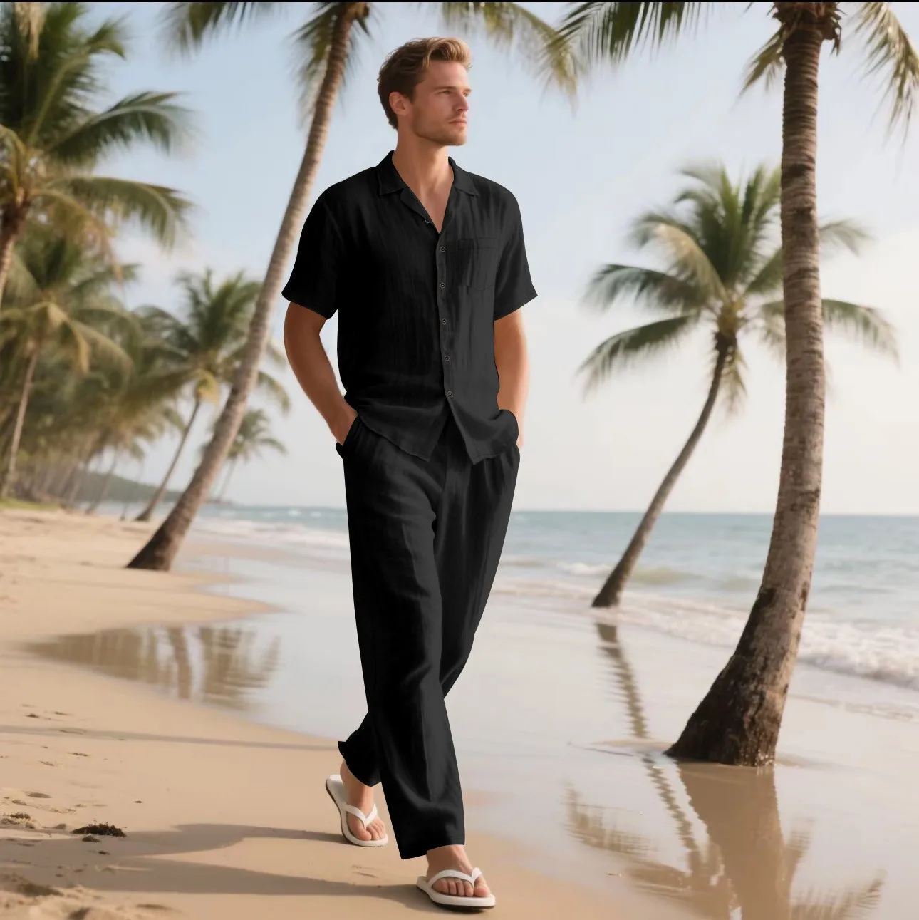 Das 2025 Summer Beach Herren-Kurzarmhemd-Set aus Leinen ist ein zweiteiliges langes Hosen-Set, das für alltägliche, lässige Strandurlaub geeignet ist