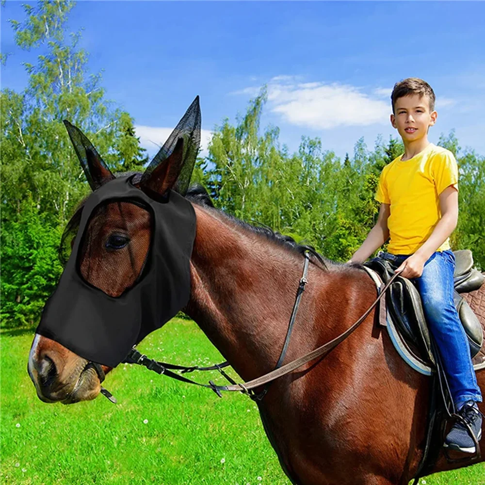 Nuova maschera per cavalli anti-zanzara multicolore Maschera per insetti anti-mosche in rete elasticizzata traspirante con orecchie Attrezzatura equestre