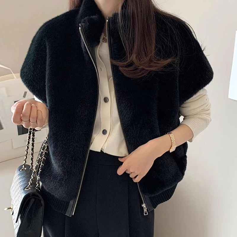 Colete de Pele Sintética Vintage Simples com Gola Alta para Outono e Inverno, Estilo Versátil com Zíper para Mulheres