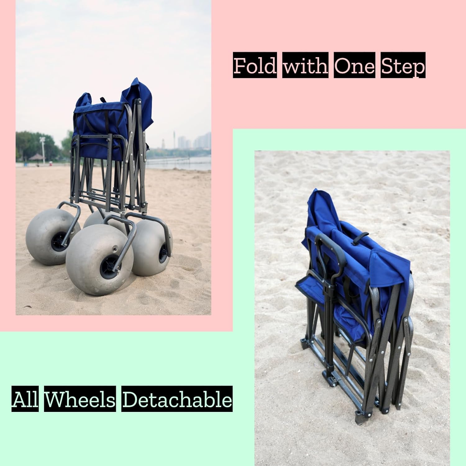 Beach Cart with 13" Balloon Wheels, Collapsible Beach Wagon with Big Wheels for Sand, Pump Included (Beach Wagon)