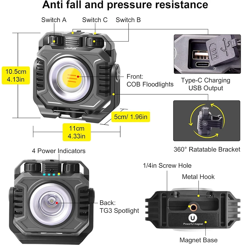 LiitoKala LF-786 Work lights+26650 5000mAh Battery COB 1500ML TG3 600ML Type-C charger USB output