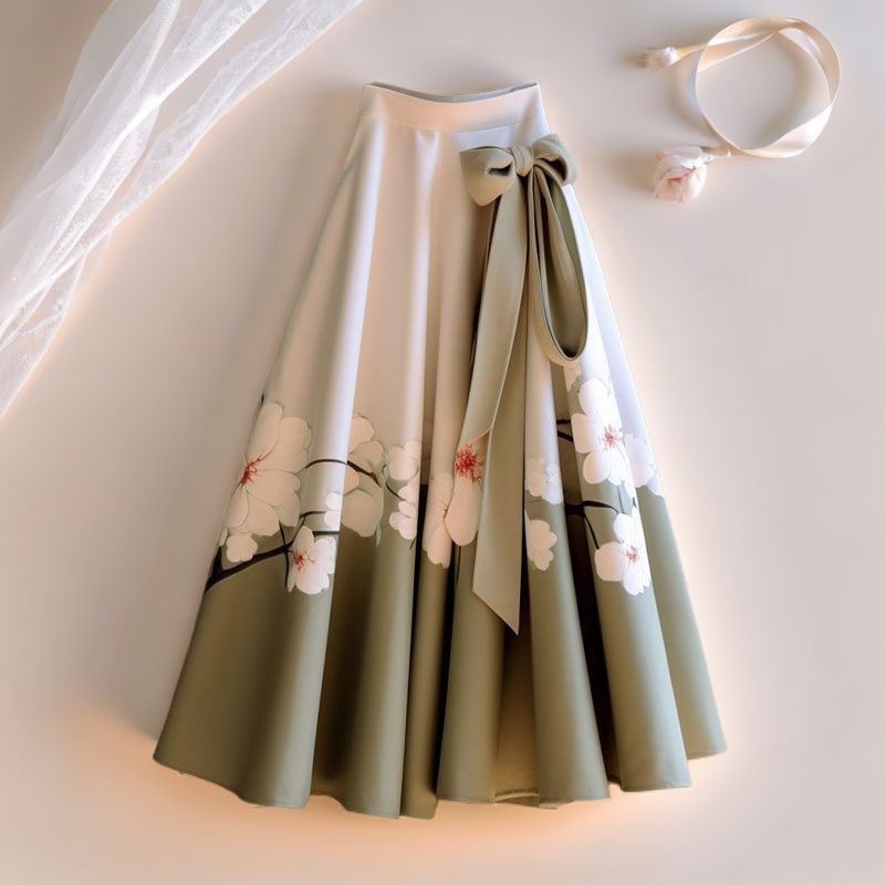2024 Retro Chinesische Hanfu Gedruckt Farbige Pferd Gesicht Rock frauen Frühling Mode Vielseitig Gefaltet Lose Mittlere Länge Röcke