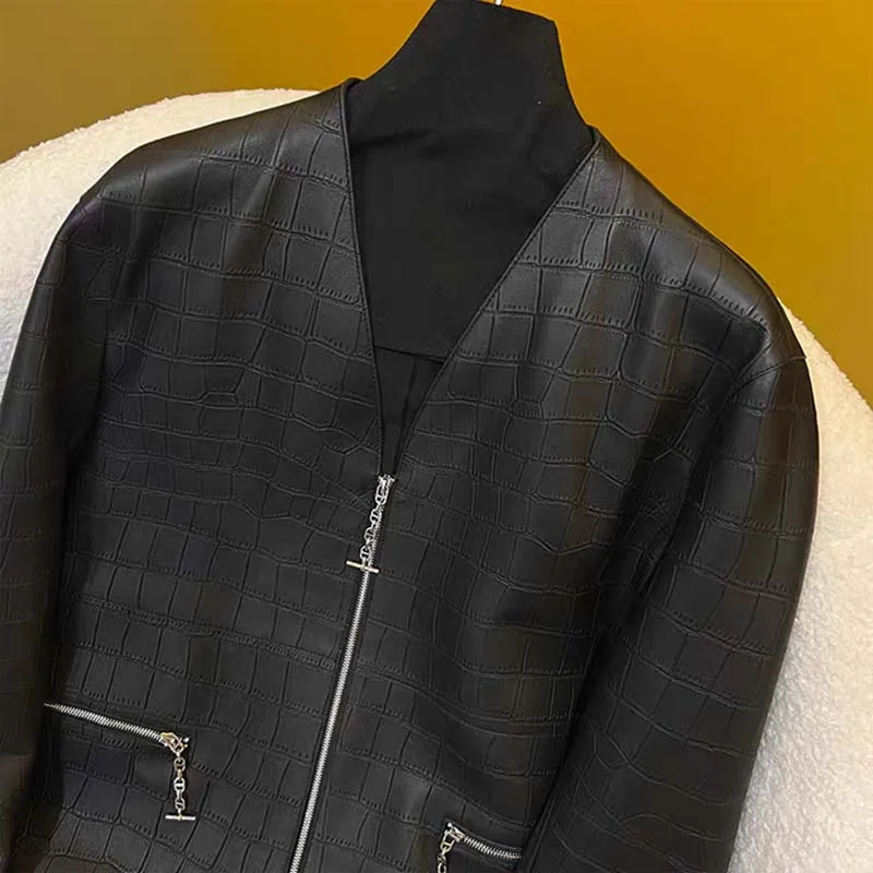Jaqueta de couro genuíno com decote em v roupas de comprimento curto de alta qualidade mi casaco de pele de crocodilo primavera feminino