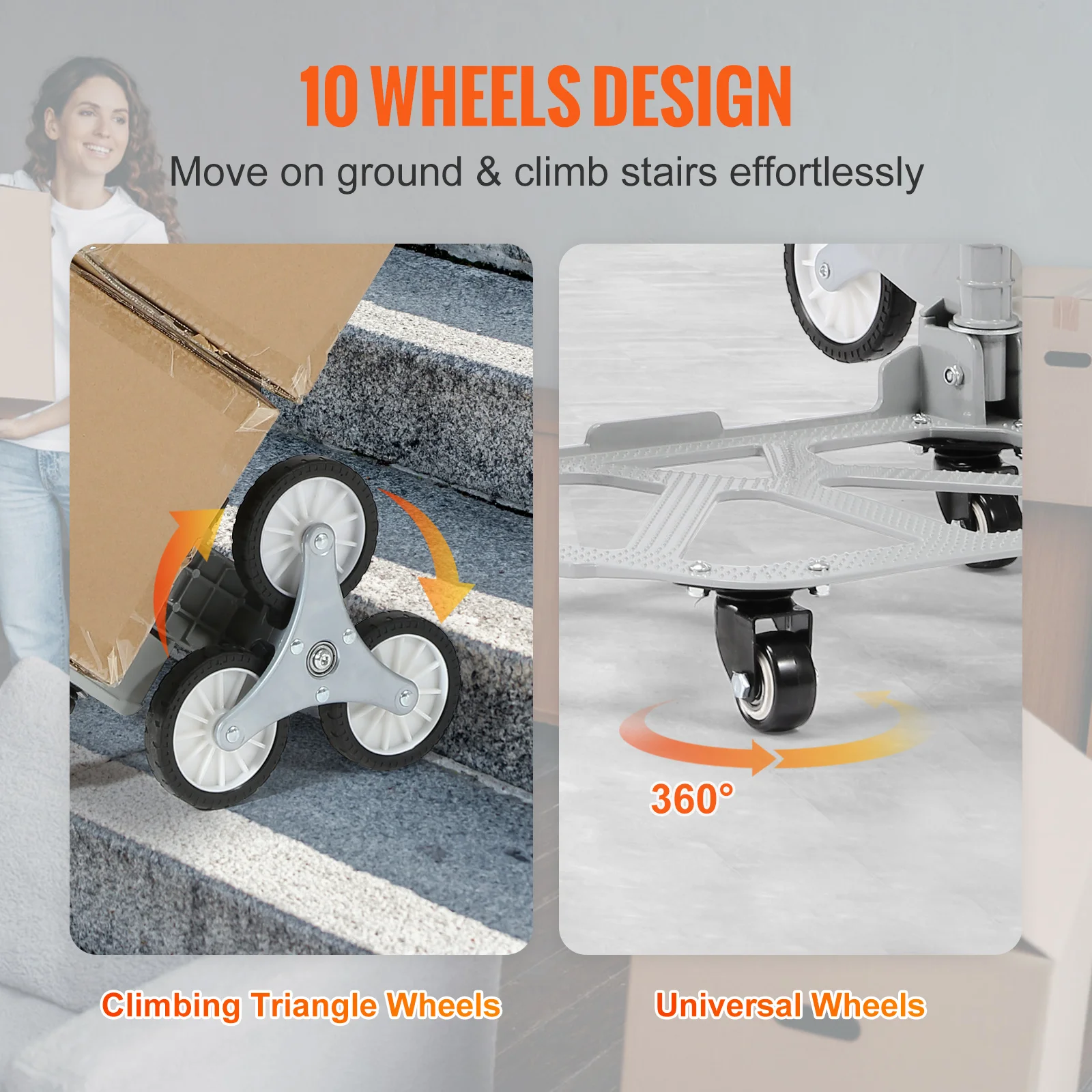 VEVOR Carrello Portaspesa in Acciaio Alluminio Capacità Carico Max. 100kg Manico Regolabile, Carrello con Ruote per Salire le Scale Dimensioni di Bagaglio 39 x 27 cm, Carrello per Scale Porta Oggetto