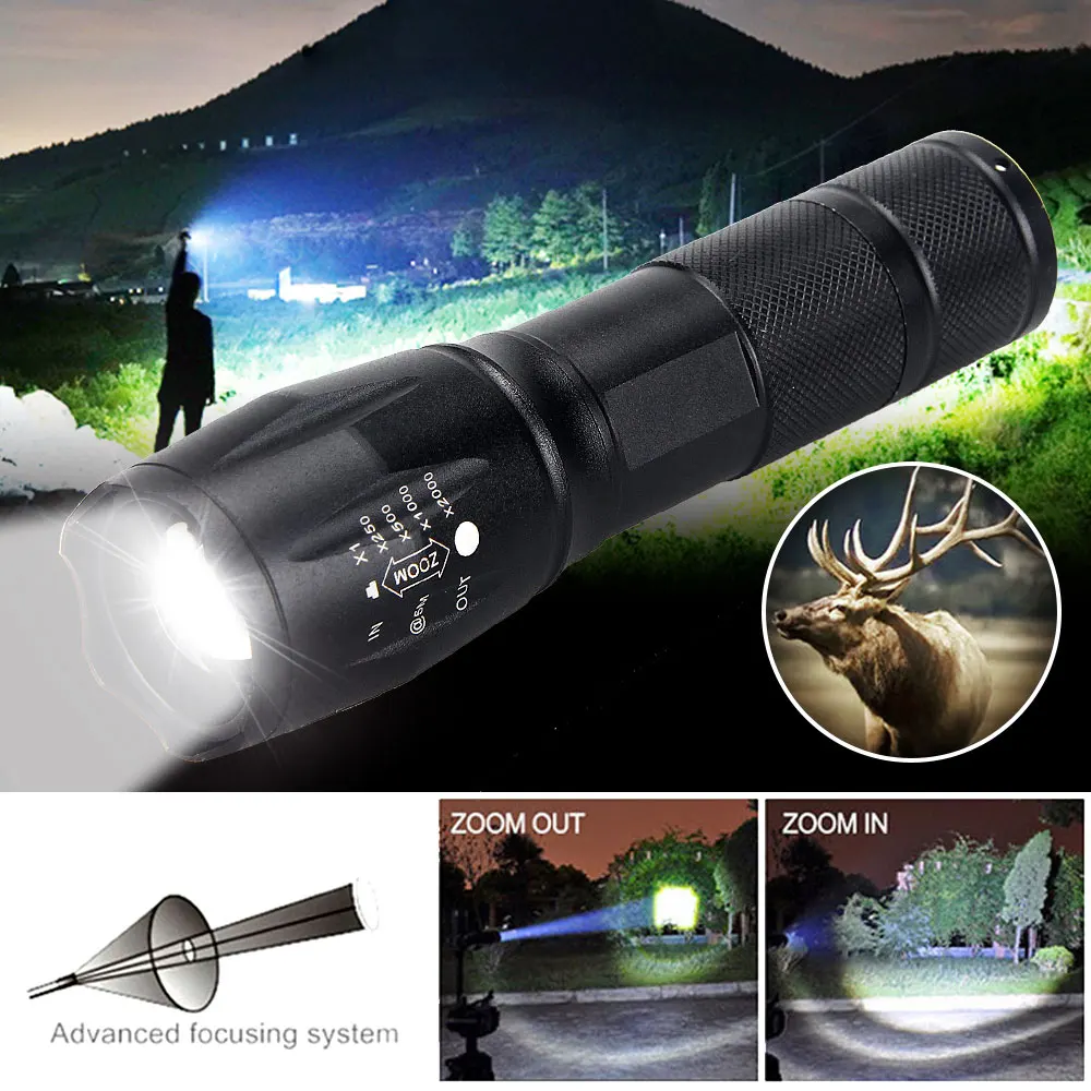 Linterna LED de alta potencia para acampar con 5 modos de iluminación, linterna impermeable con luz de enfoque variable de aleación de aluminio