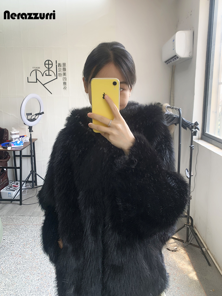 Nerazzurri-Manteau en Fausse Fourrure pour Femme, Blanc et Noir, Chaud et Décontracté, avec Capuche, Collection Automne et Hiver, 2023