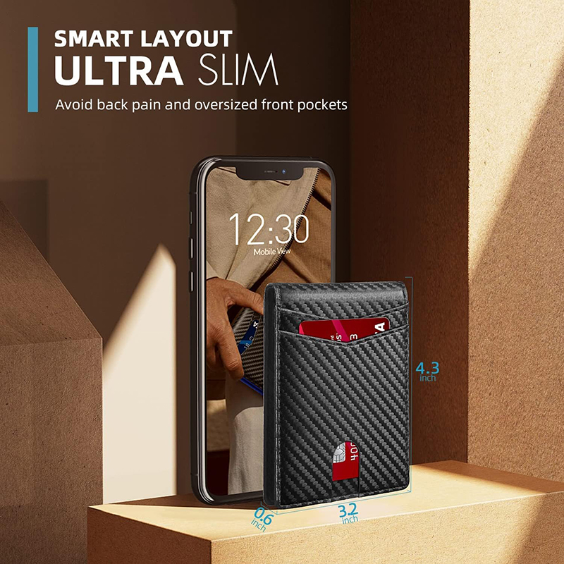 Cartera para hombre de piel Rfid ultrafina con ventana de identificación Cartera de fibra de carbono con múltiples tarjetas