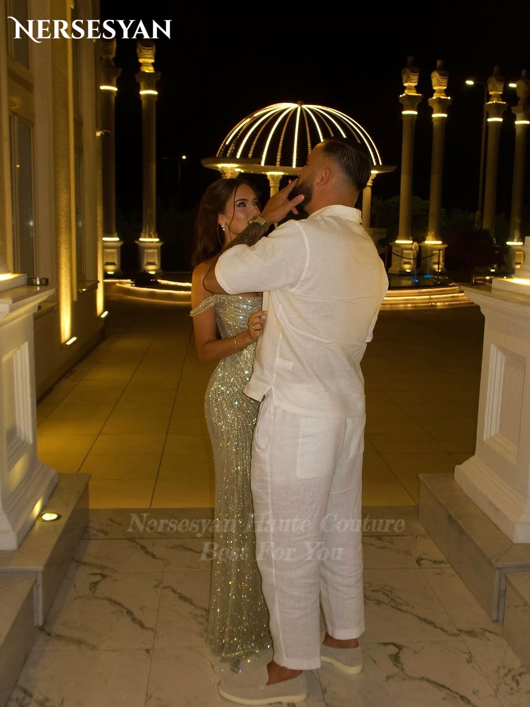 Nersesyan Mermaid Glitter Luxury Evening Dresses Off Shoulder Draped Sequins Formal Dress Backless Sparkly Party Gown Customized