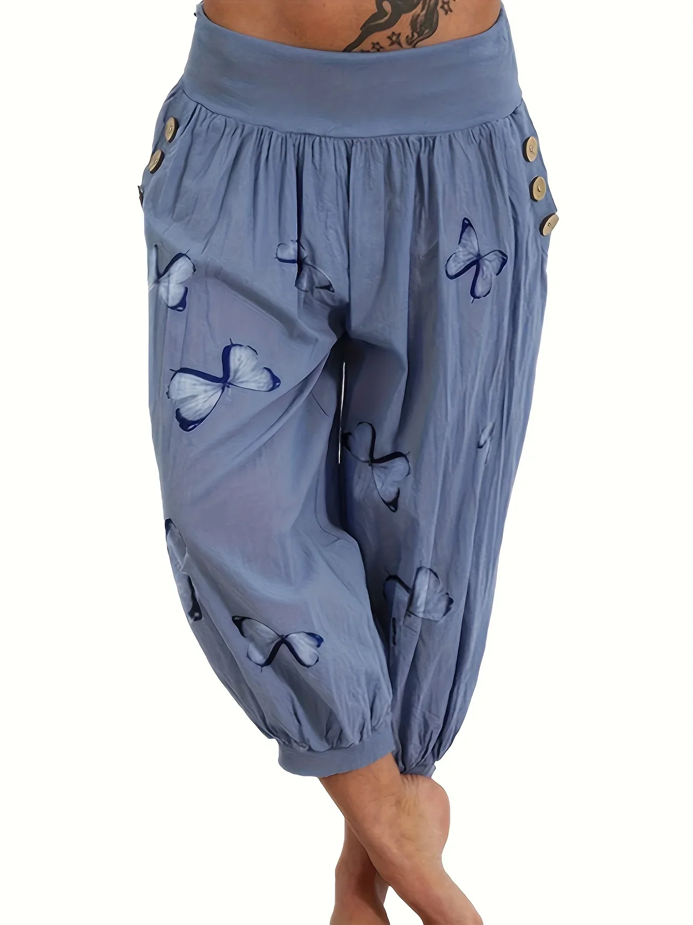 Dames Grote Maat 1xl-5xl Casual Comfortabele Capri Broek Mode Vlinder Print Knoop Zak Capri Broek