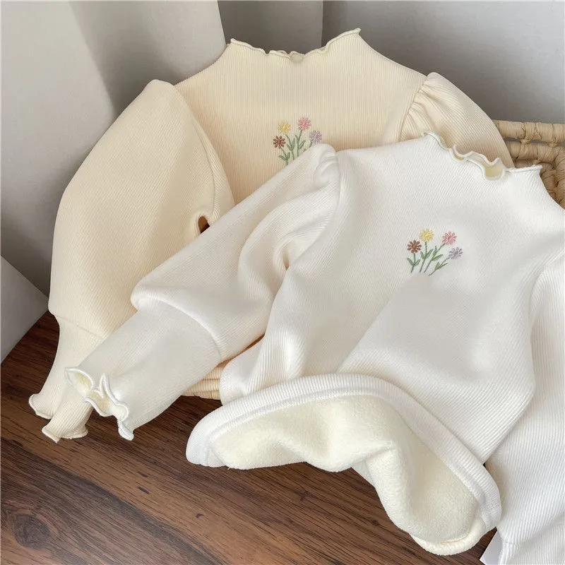 Neonate Top Inverno Bambini Maglione ispessimento caldo Bambini Manica a sbuffo Camicia inferiore con ricamo floreale 1-6 anni Abbigliamento casual