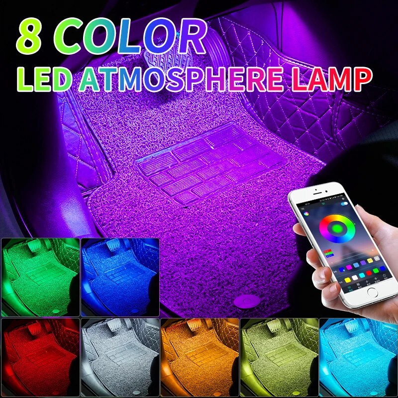 ไฟ LED ติดเท้ารถยนต์สร้างบรรยากาศด้วย USB นีออนควบคุมเพลงแอป RGB ไฟตกแต่งภายในรถยนต์