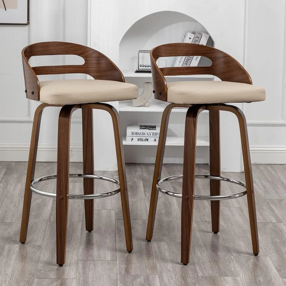 Bar Stools Set of 2,Upholstered Faux Leather, Soft Cushion Seat, Mid Century Bar Stools, Swivel Bar Height Stools