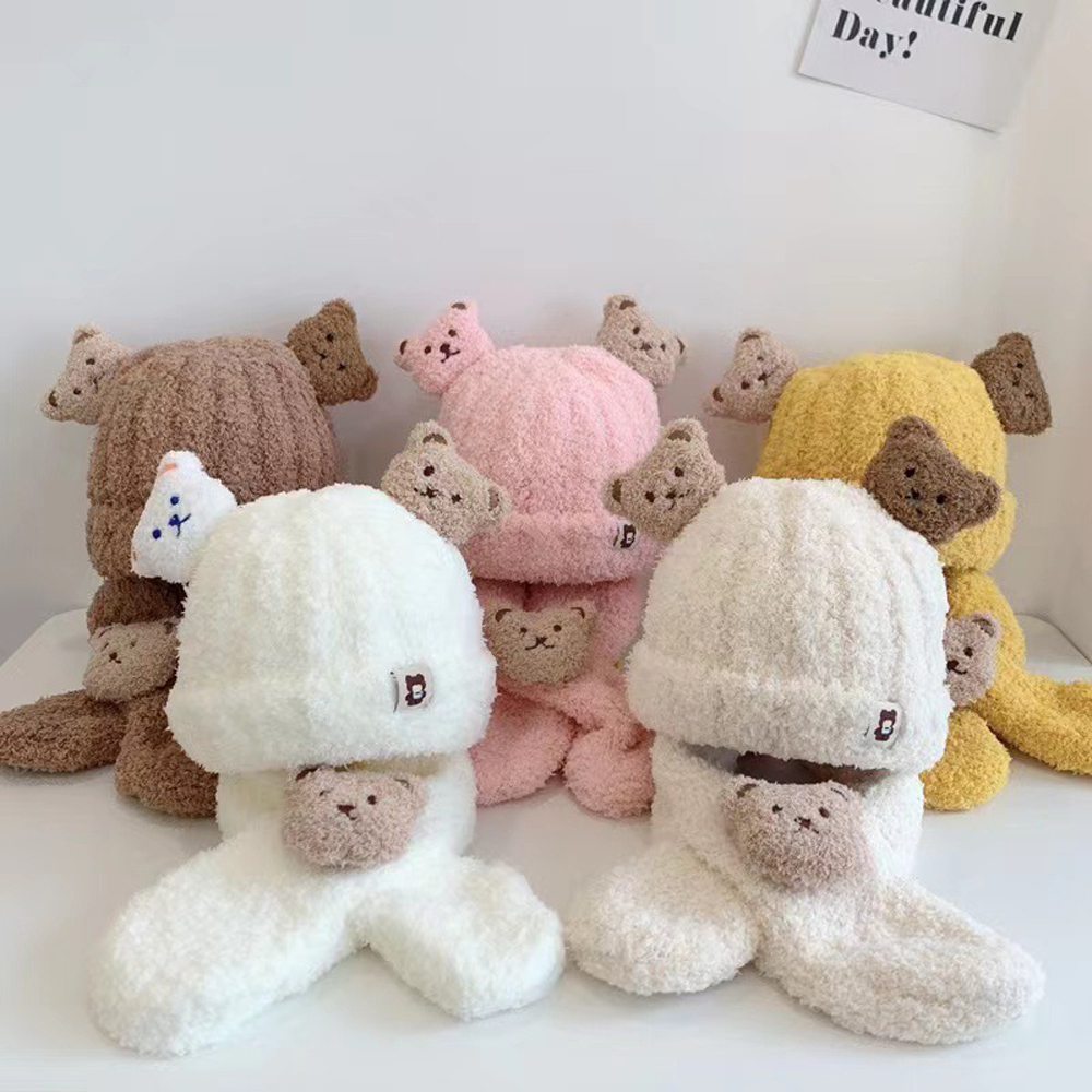 Conjunto de bufanda y sombrero de oso de dibujos animados para niños, gorros cálidos para otoño e invierno para niños y niñas, gorros de felpa suaves y cómodos para el cuello