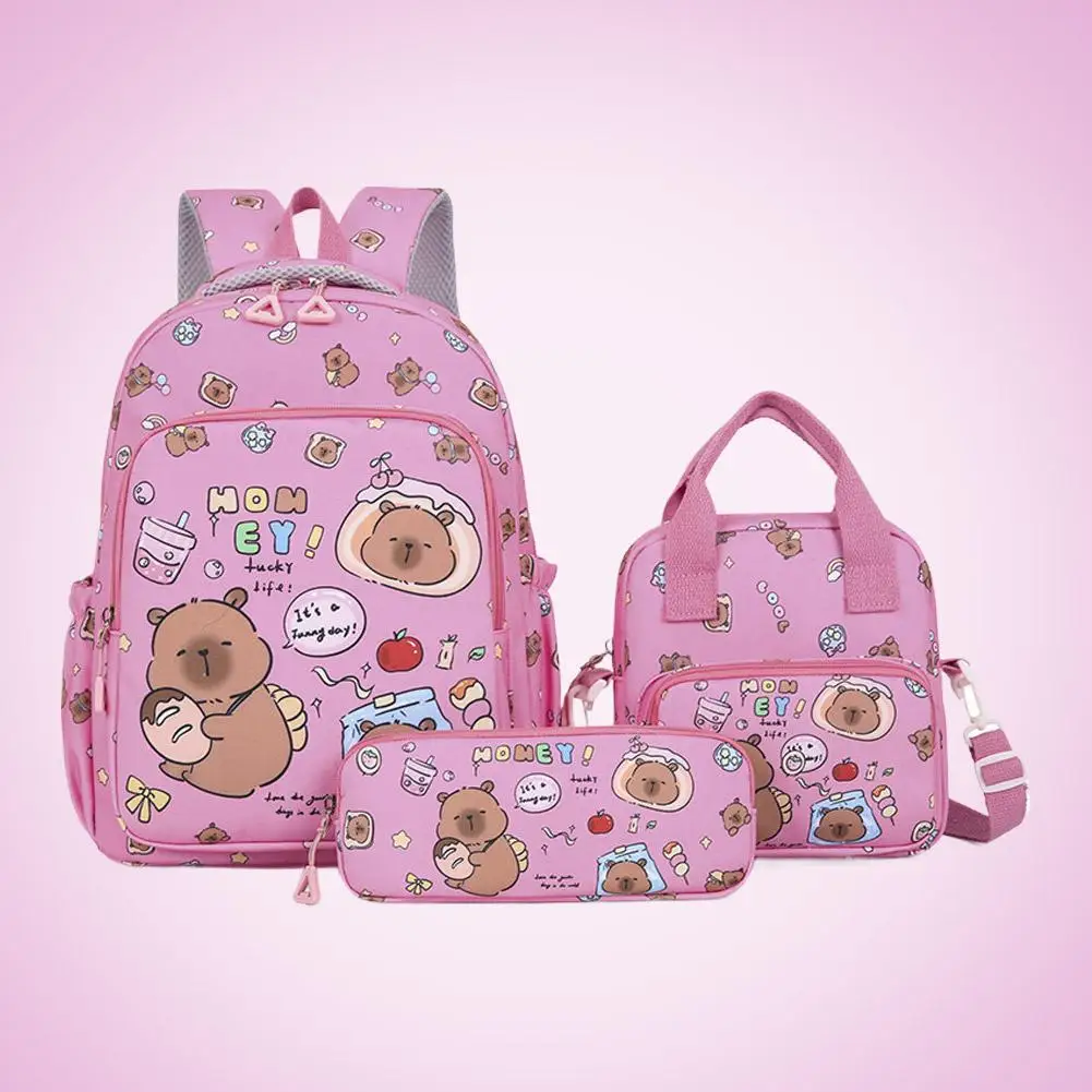 3 ชิ้น/เซ็ต Kawaii Capybara กระเป๋าเป้สะพายหลังขนาดใหญ่ความจุการ์ตูนวัยรุ่นแฟชั่นไนลอนน้ําหนักเบา Rucksack ชุด