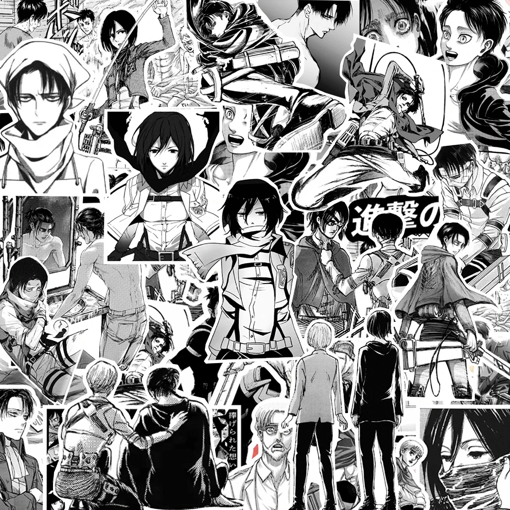 10/30/70 Uds pegatinas de Anime Attack on Titan Cool dibujos animados negro blanco calcomanía DIY monopatín portátil teléfono coche pegatina impermeable