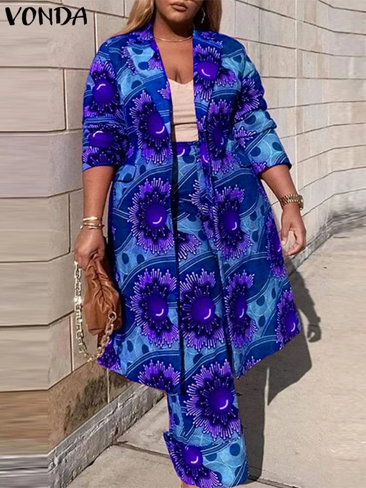 Plus Größe VONDA Frauen Sets Zwei Stück 2024 Urlaub Böhmischen Druck Elegante Langarm Outfits Mode Lässig Einfache 2 stück anzüge