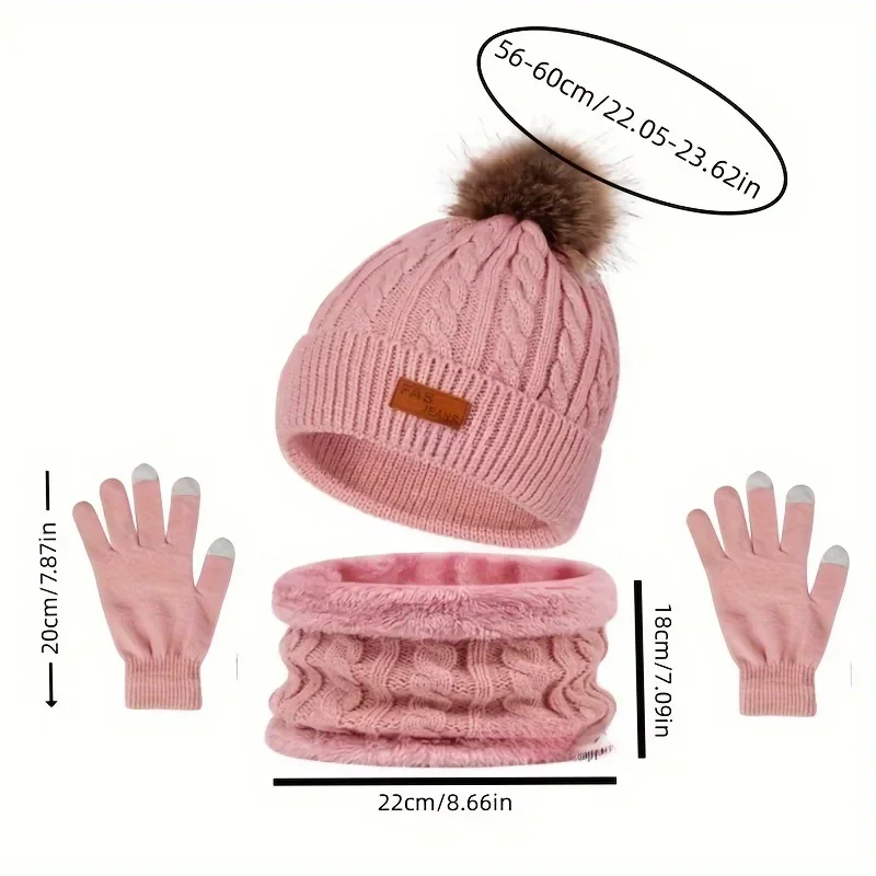 Warm & Soft ฤดูหนาวขนแกะถักหมวกผ้าพันคอหน้าจอสัมผัสถุงมือ 3 ชิ้นชุด Perfect Ear & คออุ่นสําหรับเล่นสกีหมวกกีฬากลางแจ้ง