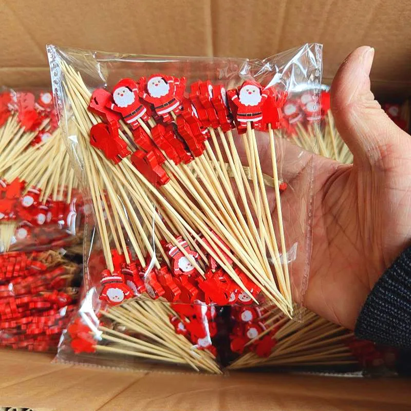 50 Uds. De pegatinas de frutas navideñas, Papá Noel, muñeco de nieve, árbol de Navidad, palos de bambú desechables, decoración para pastel y magdalenas de Feliz Navidad 2024