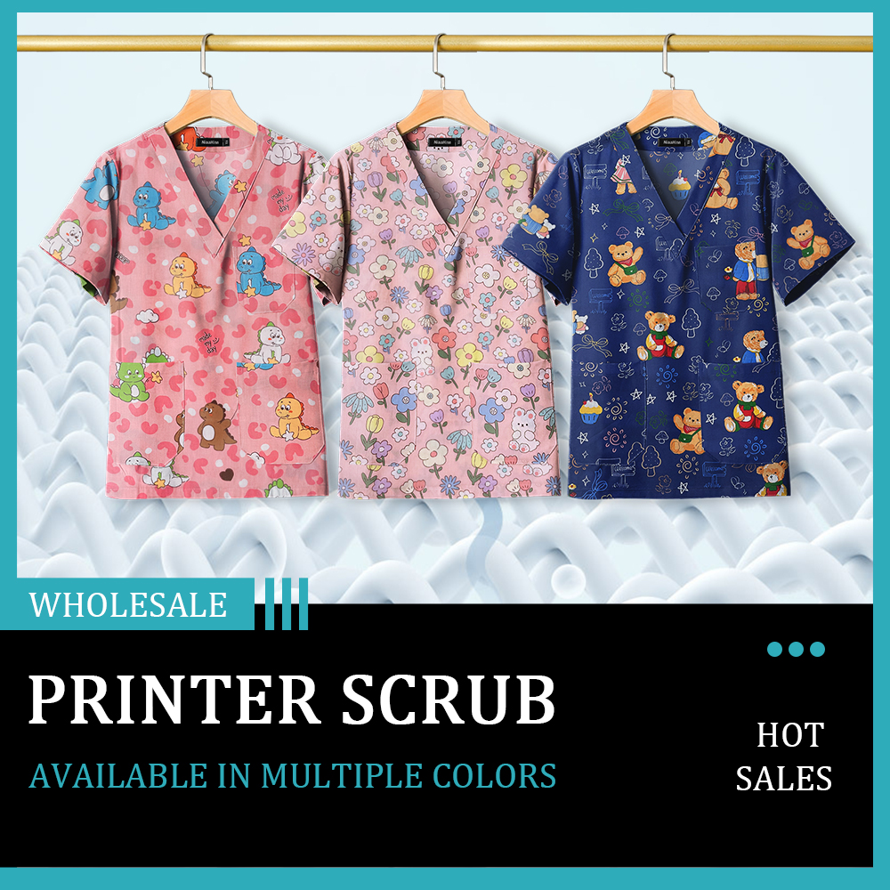 Pet Clinic Veterinary Uniform Short-Sleeved Nursing Tops Comfortable Scrub T-Shirt for Doctors Nurses Printing Hospital Uniforms