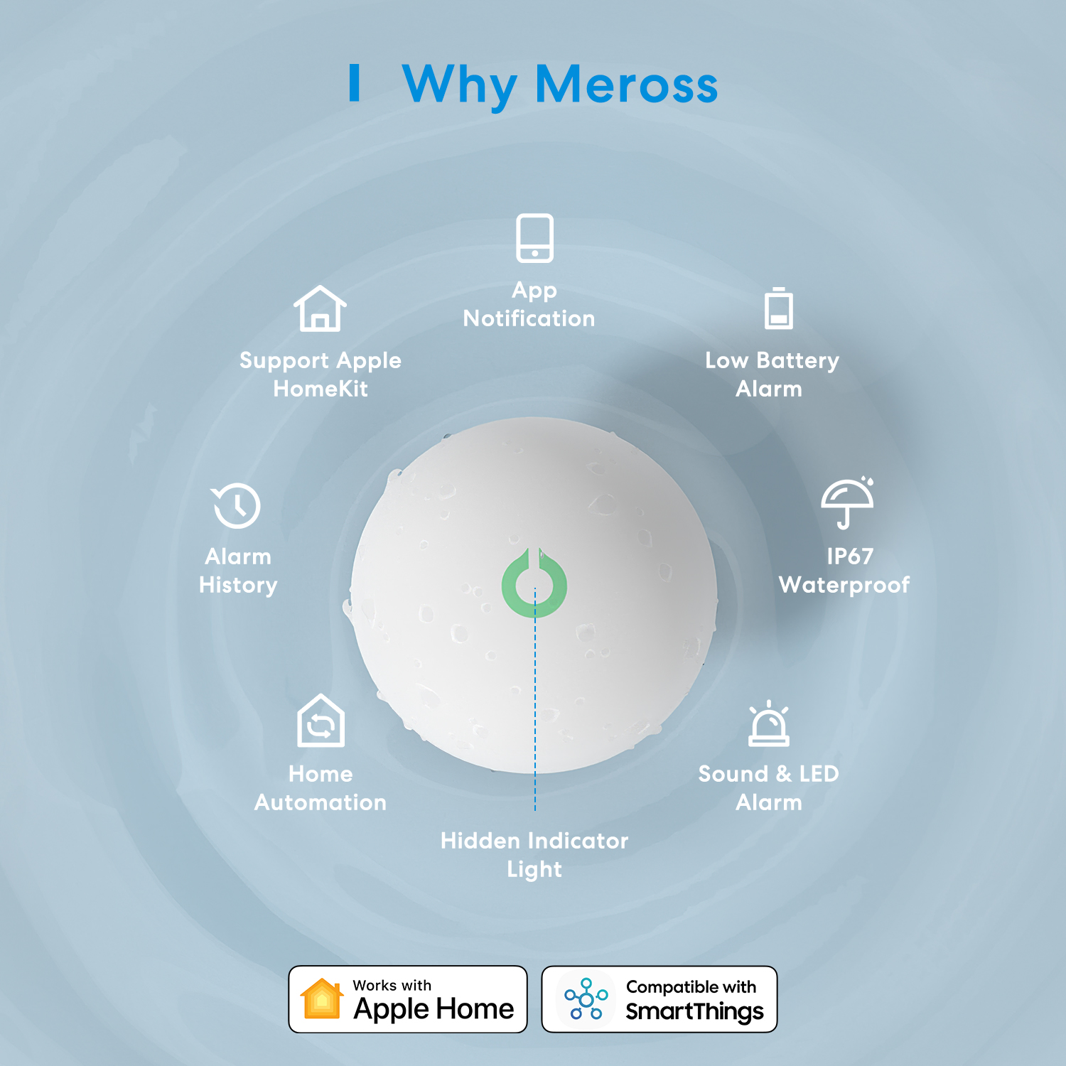 Meross HomeKit WiFi Smart Wasserlecksensor Drahtloser Detektor Wasserleckalarm Sicherheit Funktioniert mit Alexa SmartThings