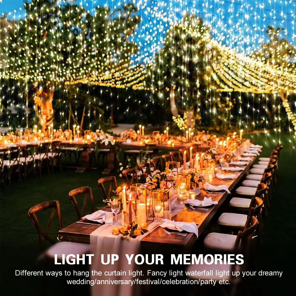 Luces de cortina solares LED, luces de hadas impermeables para exteriores con 8 modos para dormitorio, ventana, Patio, boda, vacaciones, decorativas