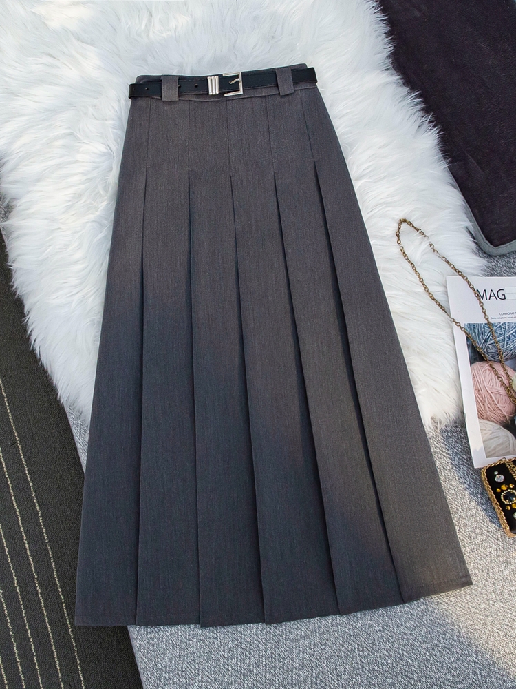 하이웨이스트 스커트 고급스러운 하이웨이스트 중간 길이 A라인 스커트 정장 회색 드레이프 느낌 학원 스타일 스커트 스커트 스커트