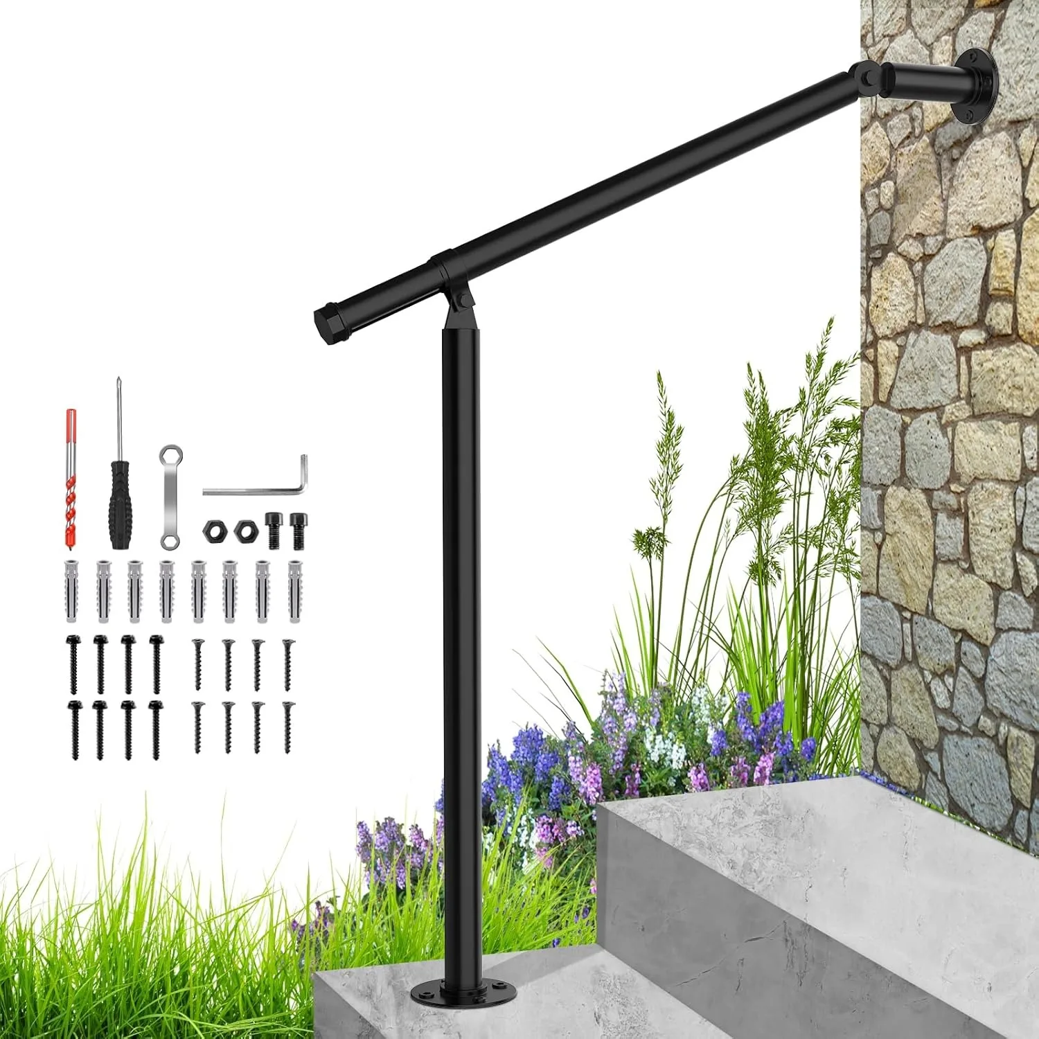 Hand Rails for Outdoor Steps,Metal Deck Railing Kit Fits 1 to 3 Steps,Railings for Outdoor Steps for Concrete,Porch Railing
