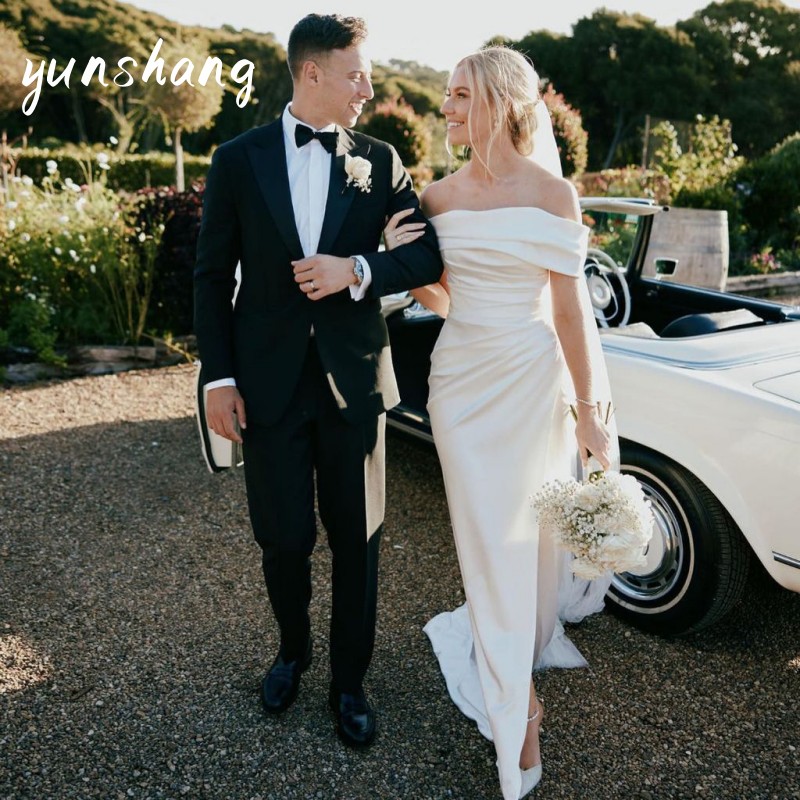 Yunshang Elegante Meerjungfrau Brautkleider Weiß Open Back Weg Von Der Schulter Satin Split Brautkleider Vestido De Novia Angepasst