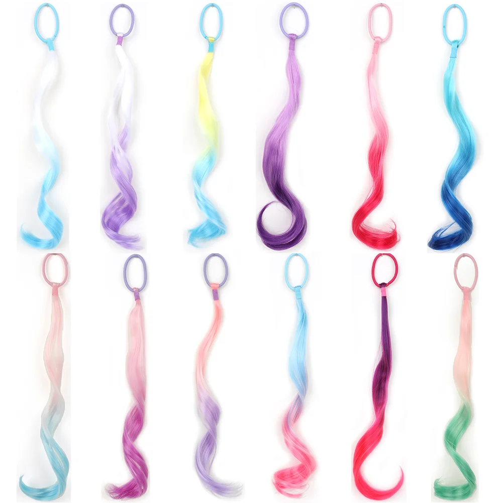 Extensiones de cabello de colores, extensiones de cabello de colores ligeros sintéticas de 14 "para niños, extensión de cola de caballo rizada con lazo elástico