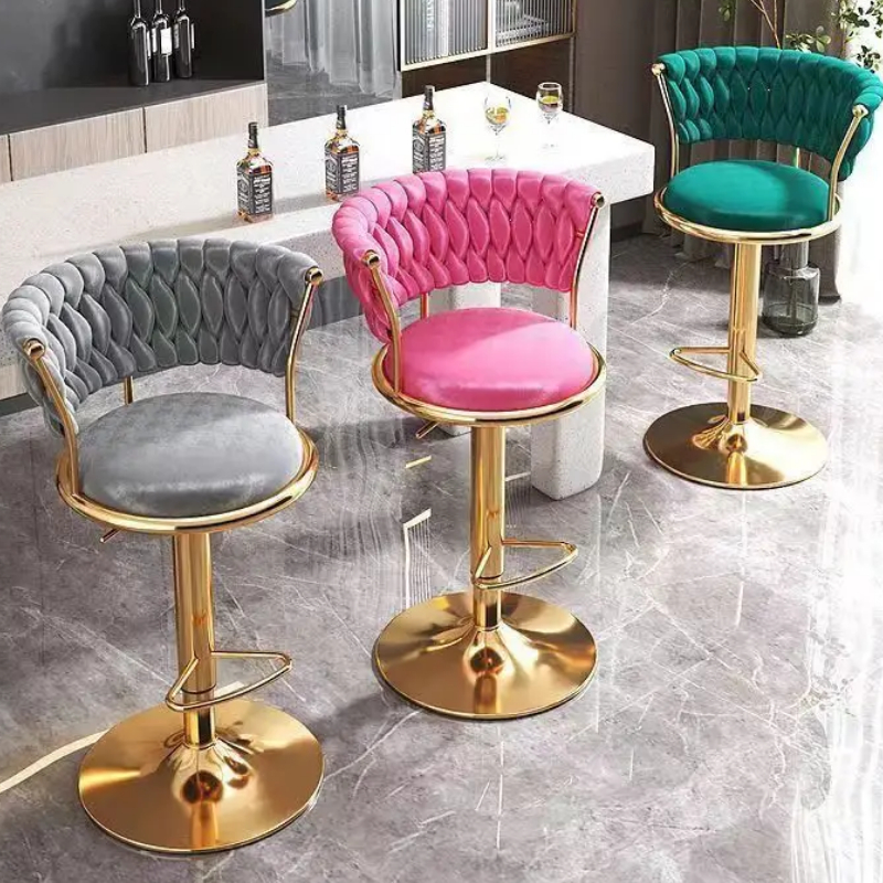 Bancos de bar tecidos, bancos de bar giratórios com altura de balcão dourado, design com encosto baixo para ilha de cozinha, assentos elegantes