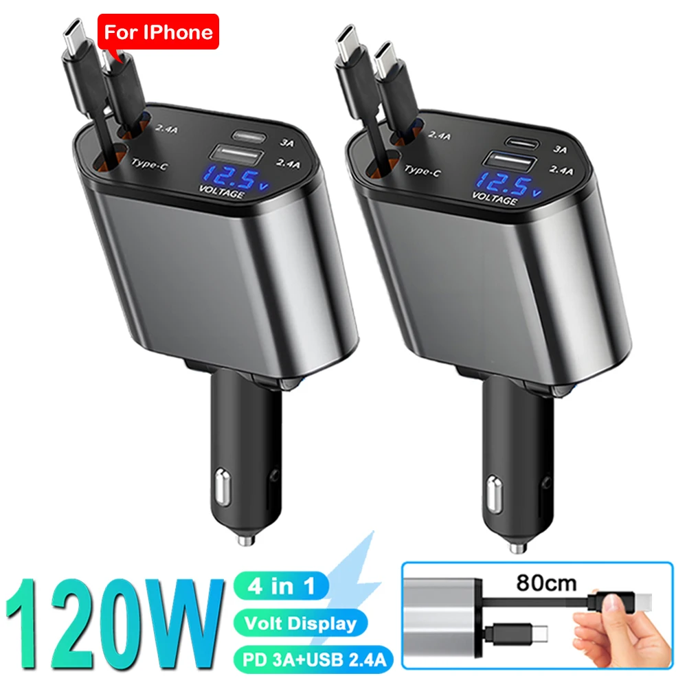 Ładowarka samochodowa 4 w 1 do telefonu 120 W typu C 66 W + 2,4 A Kabel ładujący z wysuwanymi przewodami i wyświetlaczem napięcia do iPhone'a Huawei Samsung