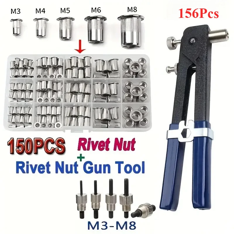Kit de porcas de rebite de aço inoxidável, 150 peças m3 m4 m5 m6 m8 com pistola de porca de rebite e 5 peças de alicate de crimpagem de parafuso de cabeça chata, ferramentas de reparo