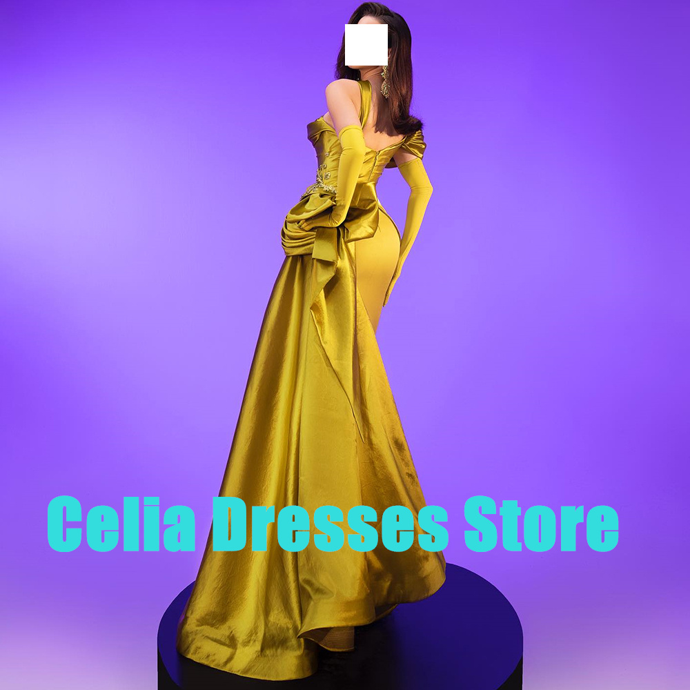 Customized Golden Satin Prom Dress Mermaid Exquisite Lace and Sequined Evening Dress One Shoulder Panel Train Celebrity Gowns