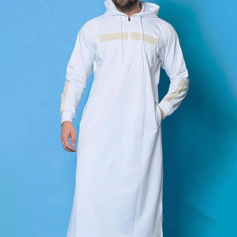 Tops masculinos muçulmano médio oriente islâmico árabe roupas soltas listrado manga longa bolsos com cordão comprimento total com capuz robe