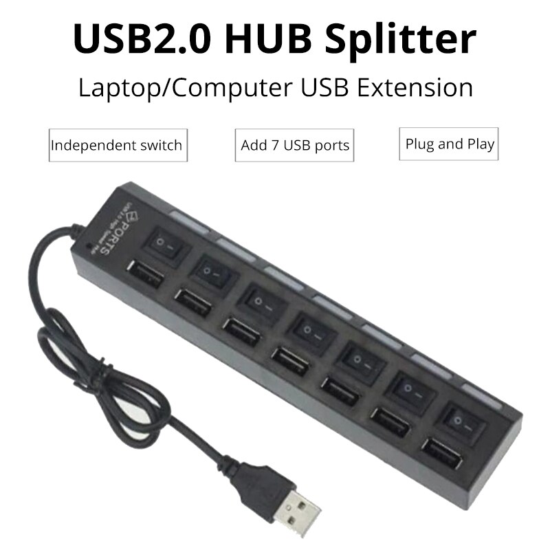Hub de extensão de interruptor, hub usb 2.0 de 7 portas, computador, hub de extensão usb, um arrasto sete, divisor usb2.0, pc, laptop, desktop