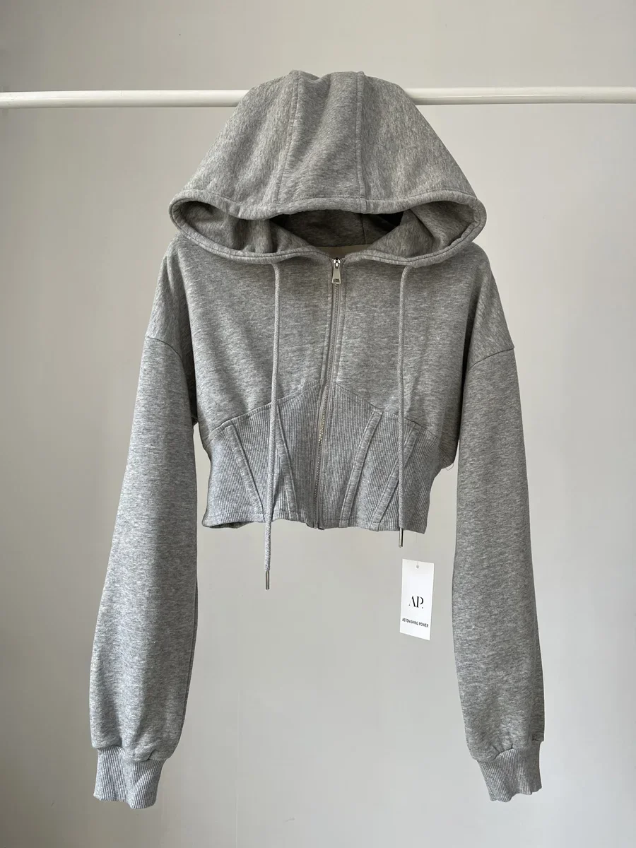 Sudadera corta con capucha para Mujer, abrigo informal con pliegues de cintura delgada y cremallera, Estilo Vintage coreano, Y2k, 2023