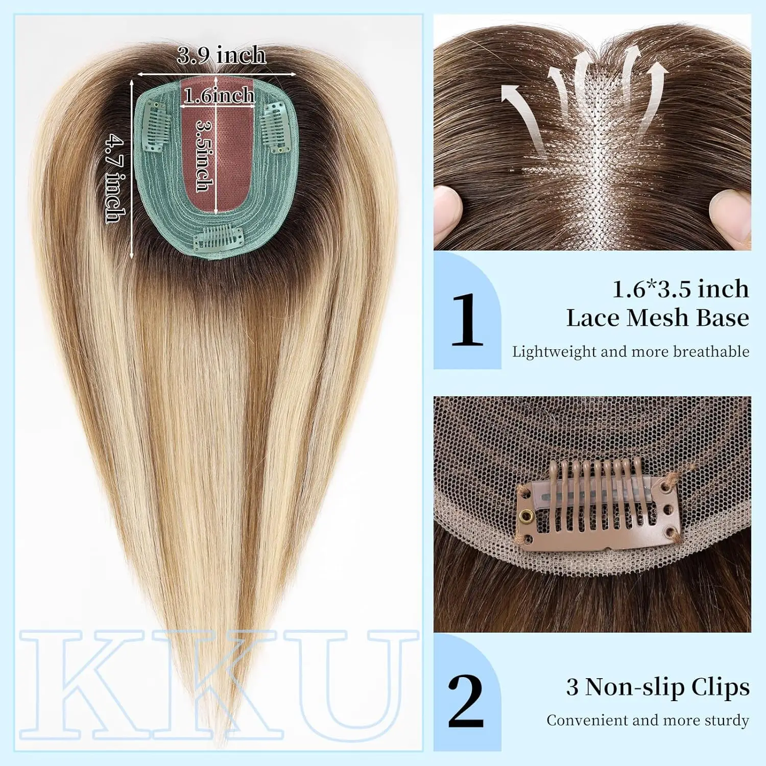 สีน้ําตาลสีบลอนด์ไฮไลท์ 12 นิ้วผมมนุษย์จริง Toppers สําหรับผู้หญิงผมบาง 3 คลิปผ้าไหมลูกไม้ฐานมนุษย์ผม Toppers