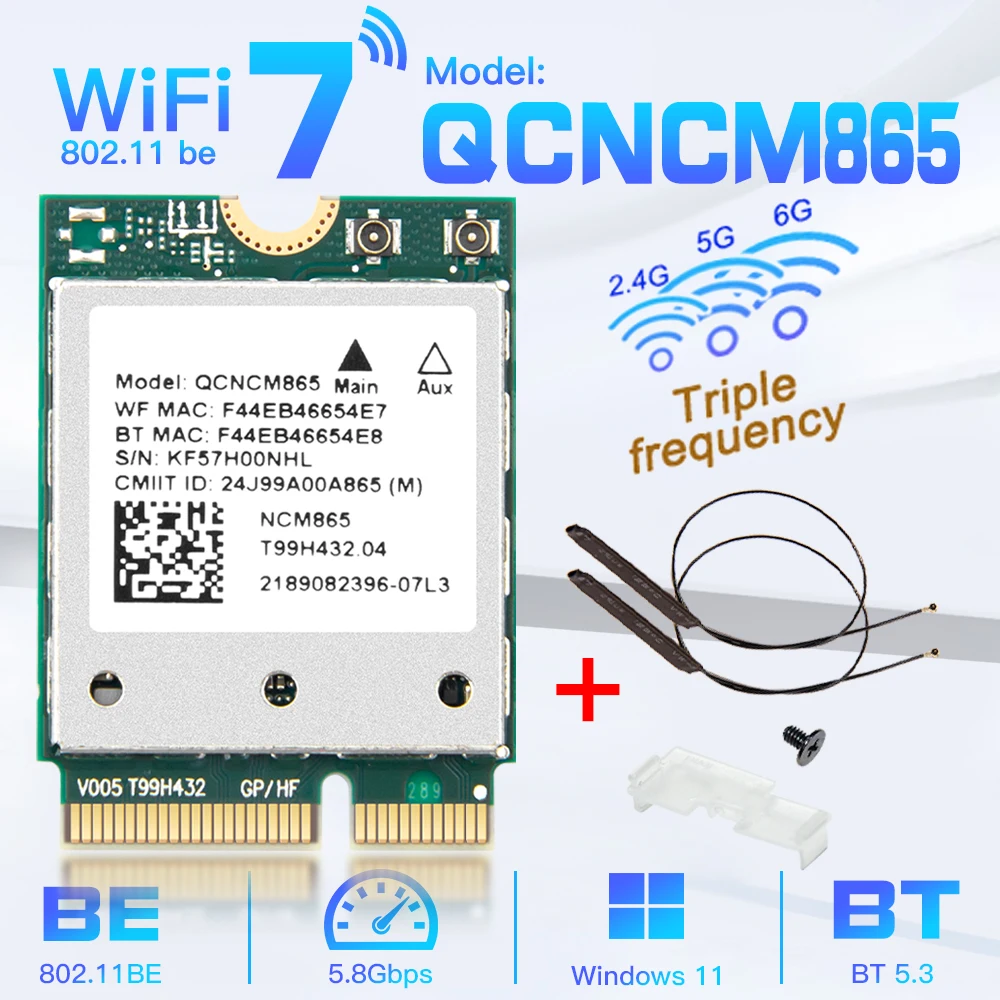 Сетевая карта fenvi Wifi 7 QCNCM865 M.2 Bluetooth 5.3 до 5.8 Гбит/с лучше, чем беспроводной адаптер Wi-Fi 6E Wlan только для Win 11Wu