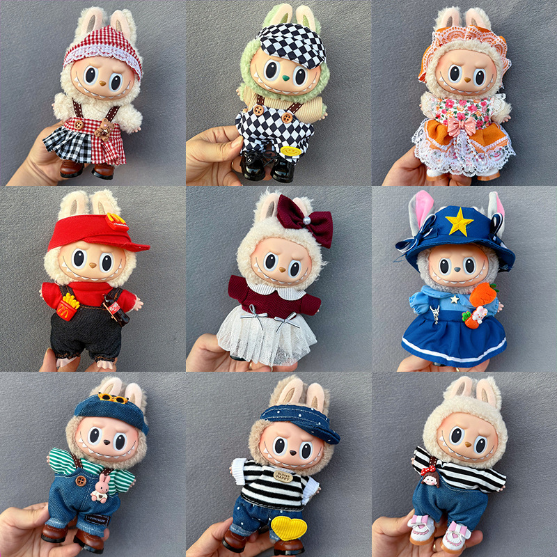 Clothes for Labubu 17cm Labubu V1 V2 V3 Vinyl Doll Clothes Handmade Costume Polka Dot Dress Set Bow Headwear Quality Gift