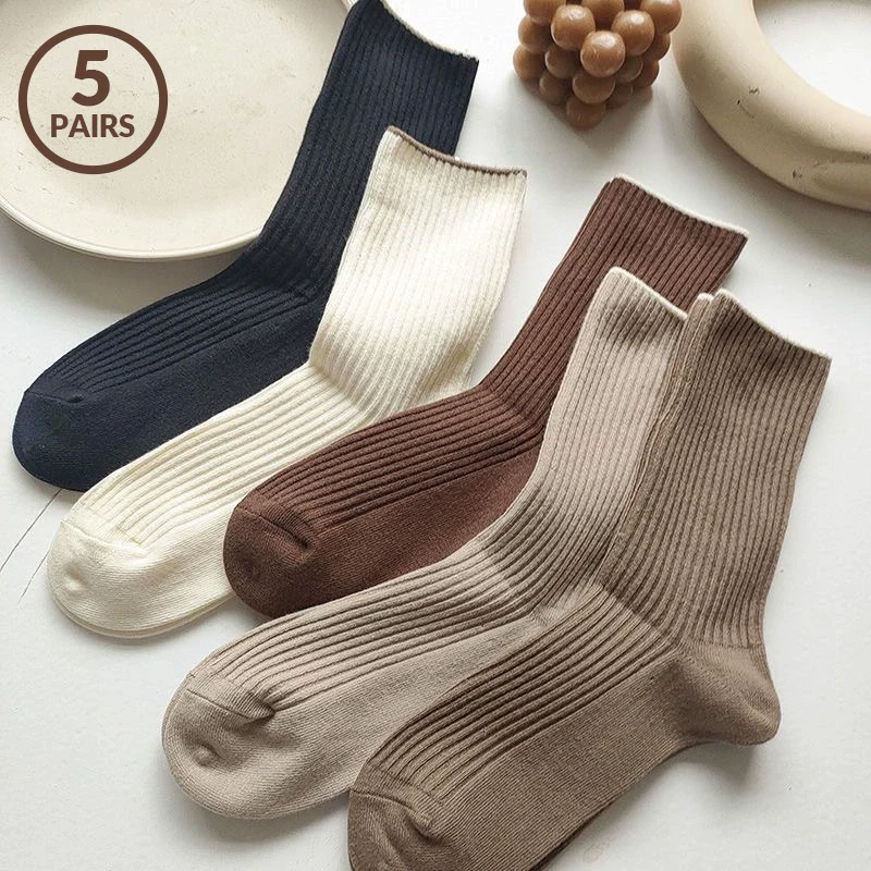 5 pares de calcetines de longitud media de Color sólido para mujer, calcetines de algodón informales para mujer, calcetines simples de longitud media para otoño para mujer