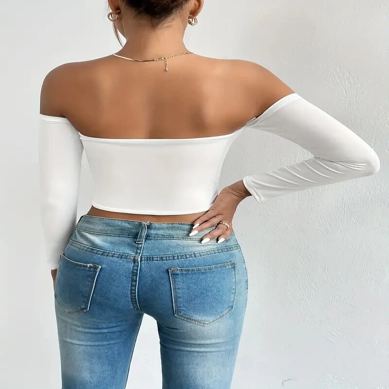 Off-shoulder crop top met lange mouwen voor dames - Casual lente/herfstshirt