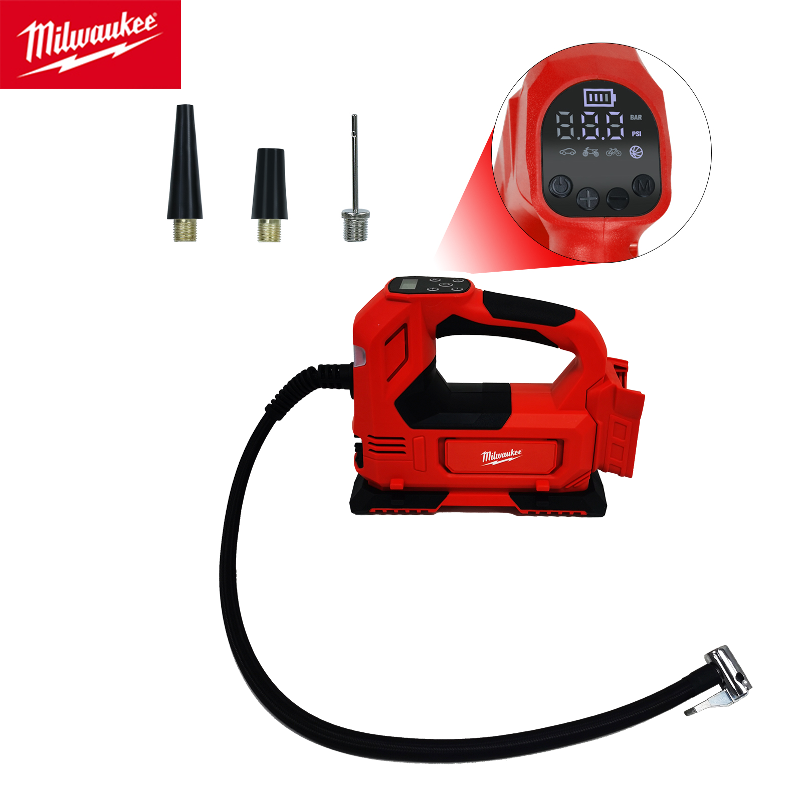 Compressor de ar inflador de pneus Milwaukee para Milwaukee 18V Bateria 150PSI Bomba de ar elétrica sem fio com medidor de pressão digital