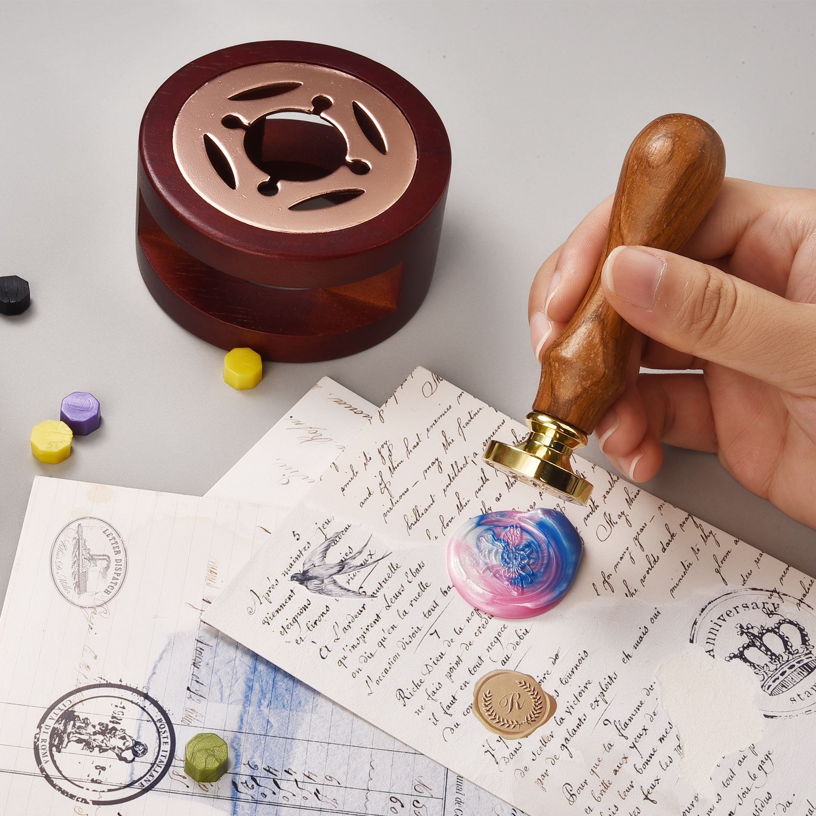 木製ハンドル付きレトロワックスシールスタンプ、アンティークメタル、シーリングハンドル、結婚式の招待状、DIYギフト、手作りアートクラフト