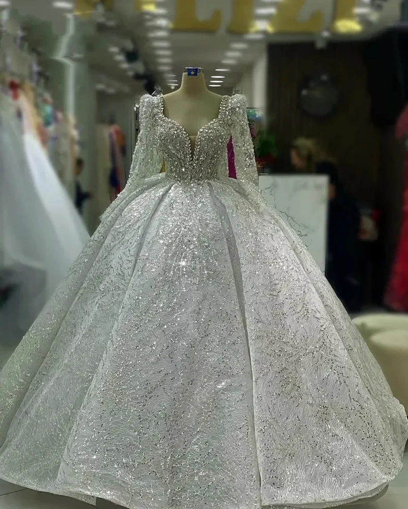 Angepasst Luxus Spitze Perlen Kristalle Brautkleider Langarm Muslimischen Brautkleider Roben Ballkleid Vestidos de novia