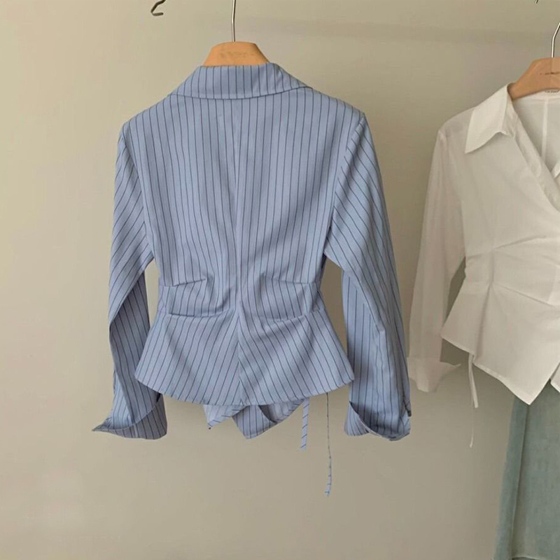 Frauen Mode Retro Gestreiften Druck Geraffte Unregelmäßige Design Shirts Büro Dame Elegante Spitze Up Bluse Casual Langarm Schlank Tops