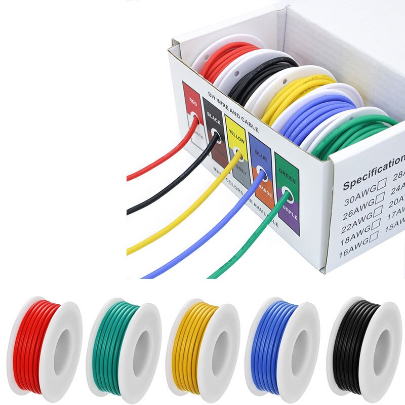 5 rollen 18 AWG gestrande draadspoel-flexibel 18 PVC vertind koper elektronische Wi - elektrisch vertinde koperdraad - 5 kleuren - 16,4 ft