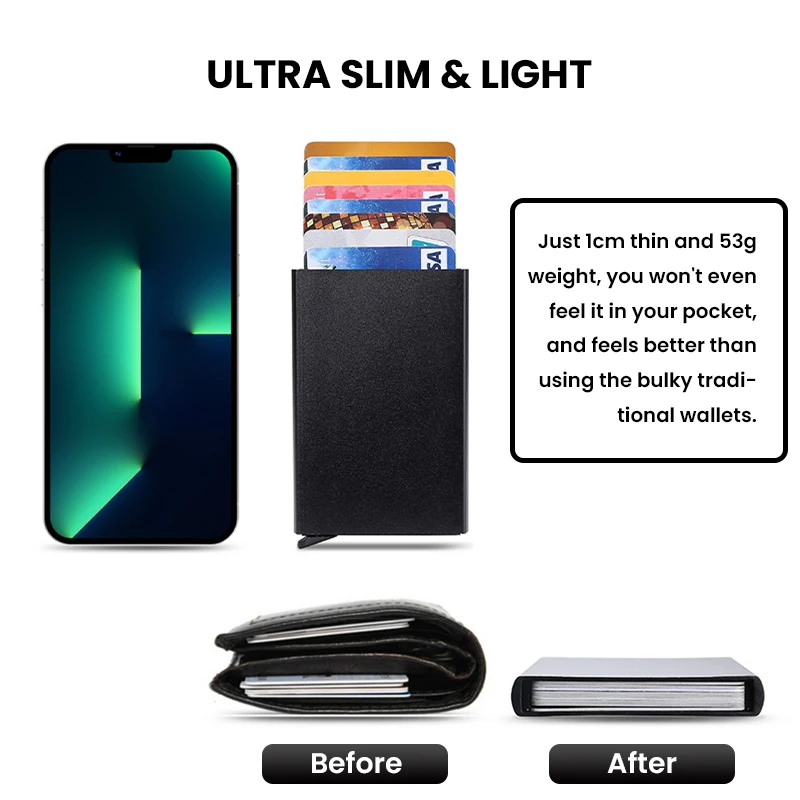 Slim Pop Up กระเป๋าสตางค์ Minimalist ผู้ถือบัตรเครดิตสําหรับผู้ชายผู้หญิง RFID Blocking Mini กรณีโลหะ