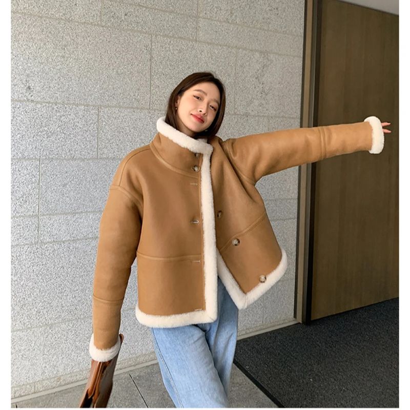 女性用合成皮革ウールジャケット,女性用本物のラムファーコート,冬のファッション,lsbh69,2024