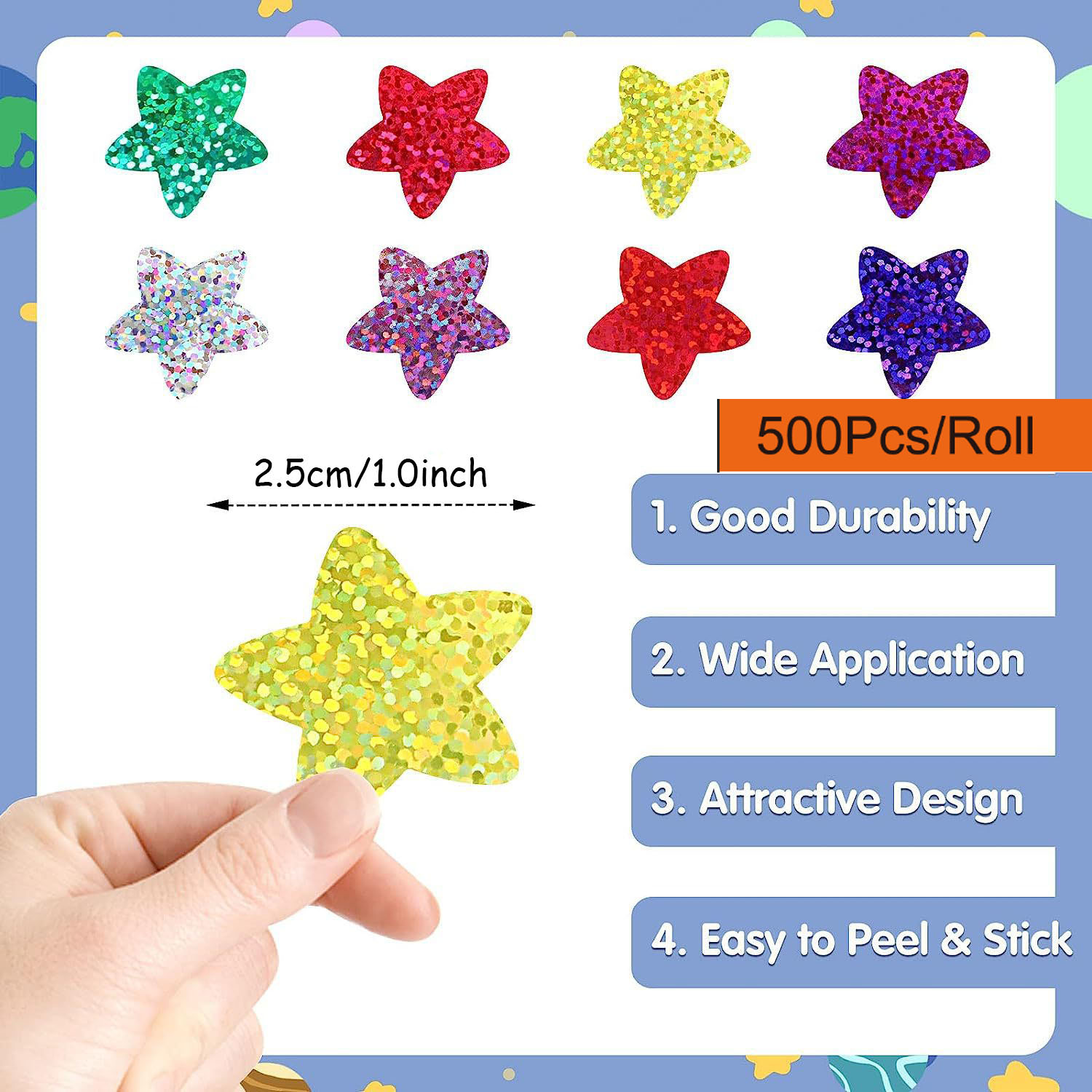 500pcs/Roll Sparkly Laser Star Stickers 1.0inch/2.5cm Diy Daily Schedule Prefect For Kid School Students Rewards,Holiday Seal