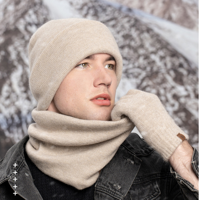 Conjunto de guantes y gorros con forro de terciopelo de felpa gruesa para hombre y mujer, bufandas de redecilla, guantes de pantalla táctil, Invierno